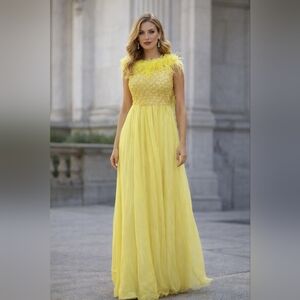 Glamorous Vintage Yellow Prom Gown Maxi Dress Sequin Bodice Feather Collar XS
